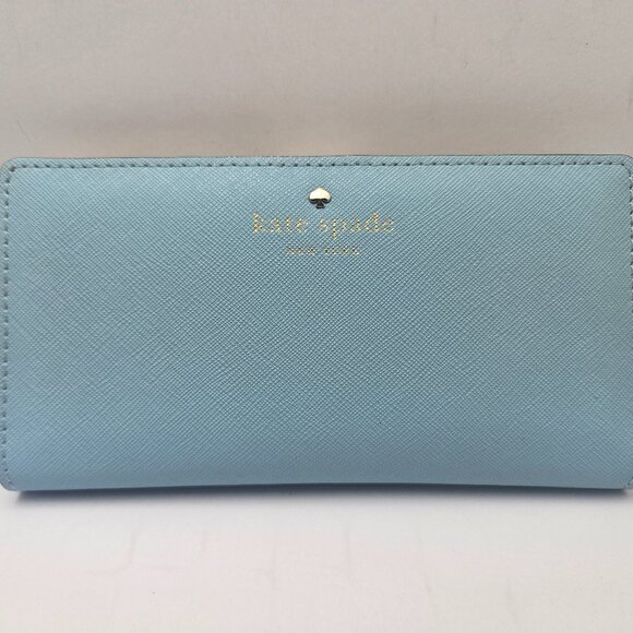 Kate Spade Mikas Pond Stacy Wallet Blue Hydrangea Leather Like New Off White Int - Picture 1 of 5